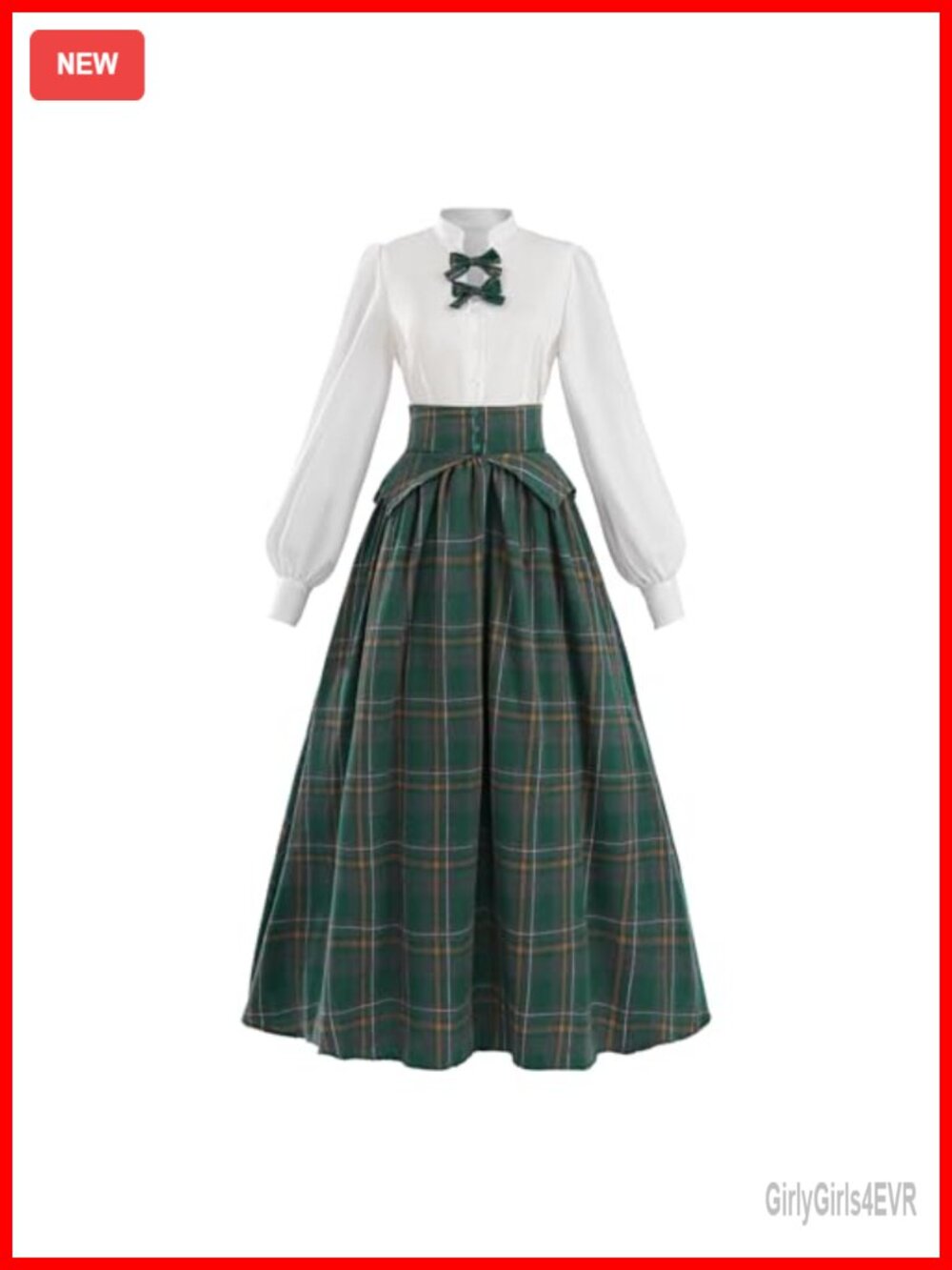 Victorian Edwardian Plaid 2-Piece Dress Set Long Sleeve High Neck Maxi